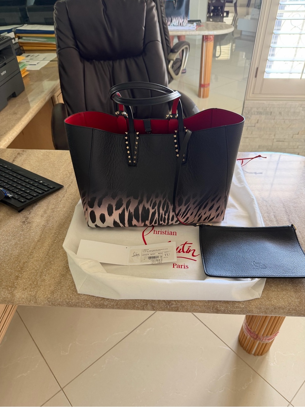 Christian Louboutin Black Leather Tote with Red Interior and Leopard-Print Ombre